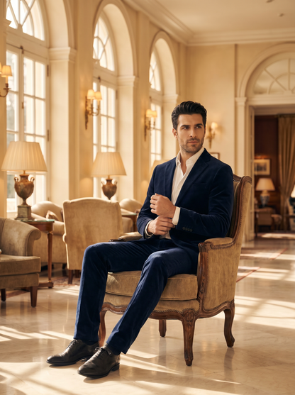 Deep Navy Velvet Suit — Custom Made to Measure - seated view