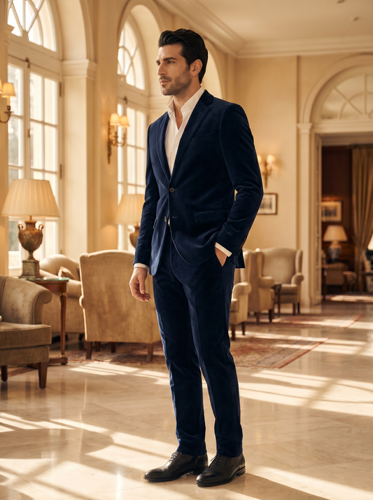 Deep Navy Velvet Suit — Custom Made to Measure - side view