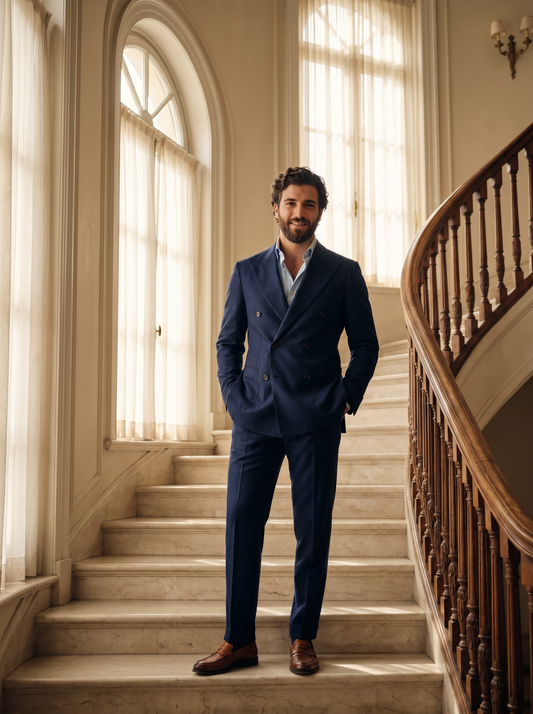 Deep Navy Wool Double Breasted Suit — Custom Made to Measure - front view