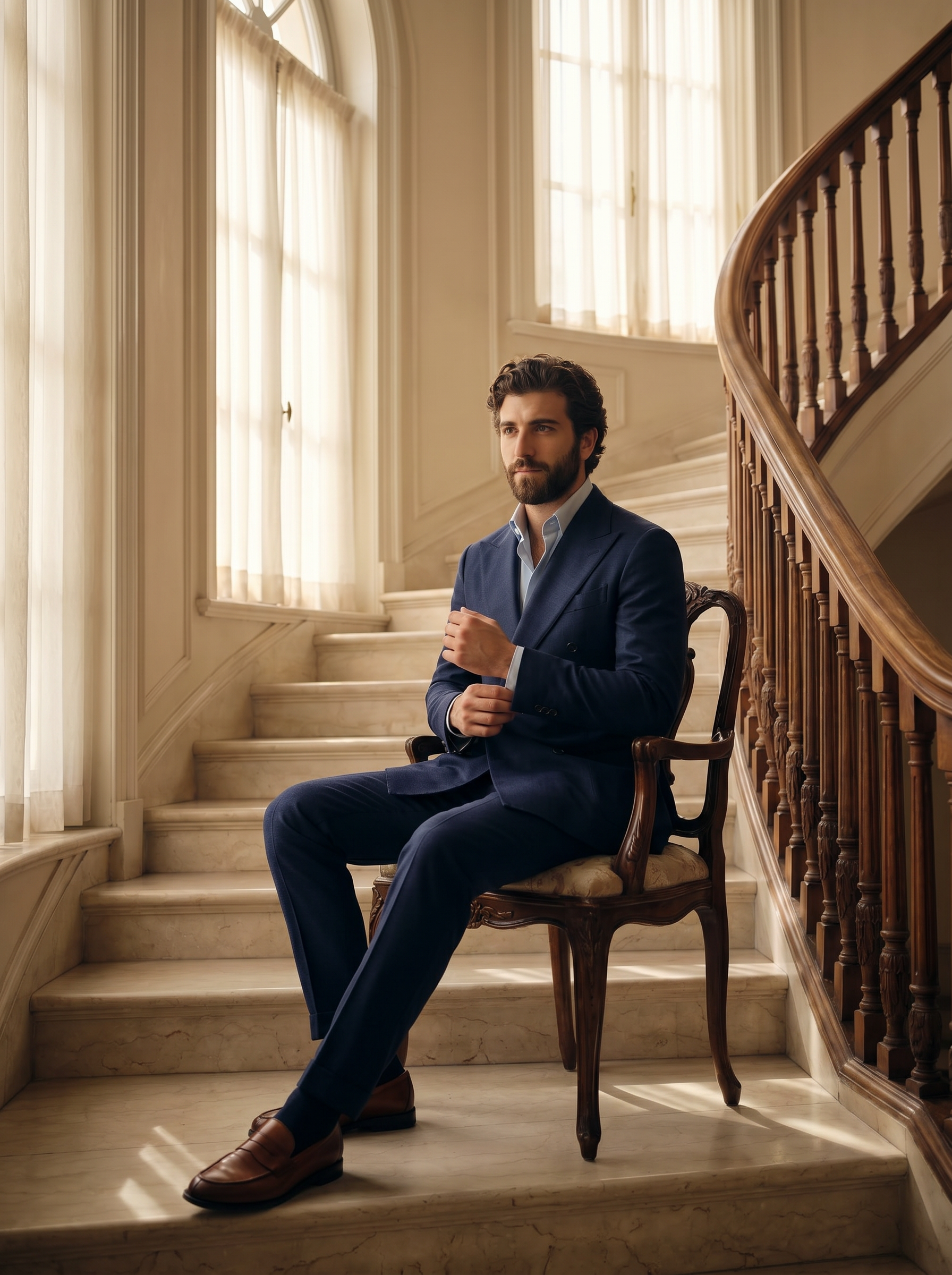 Deep Navy Wool Double Breasted Suit — Custom Made to Measure - seated view