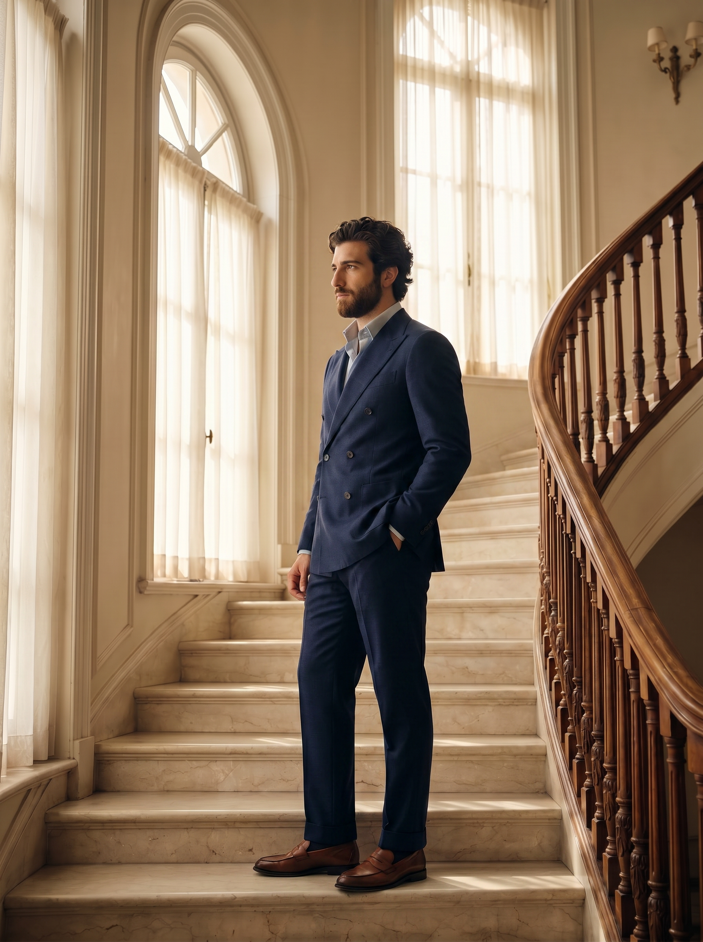 Deep Navy Wool Double Breasted Suit — Custom Made to Measure - side view