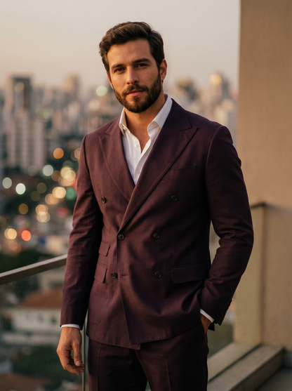 Deep Plum Cotton Double Breasted Suit — Custom Made to Measure - front view