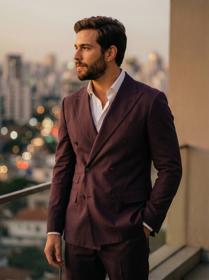 Deep Plum Cotton Double Breasted Suit — Custom Made to Measure - side view