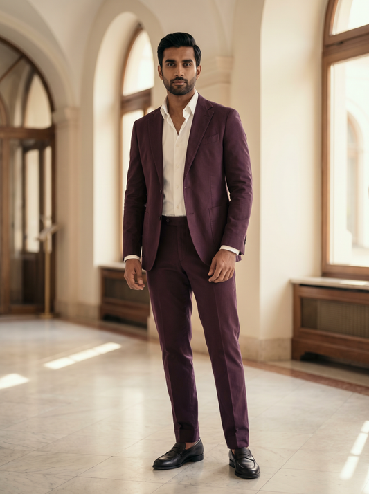 Deep Plum Cotton Groomsmen Suit — Custom Made to Measure - front view