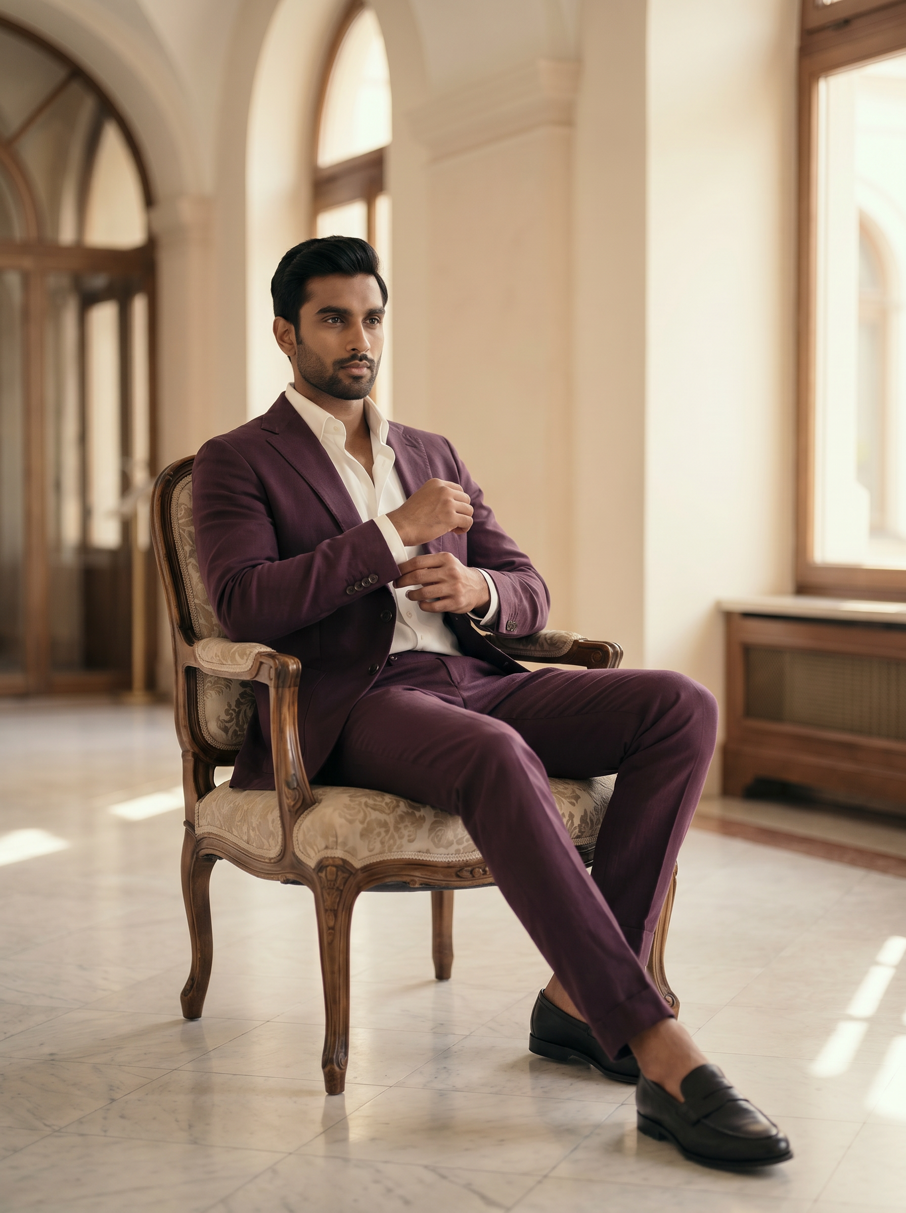 Deep Plum Cotton Groomsmen Suit — Custom Made to Measure - seated view