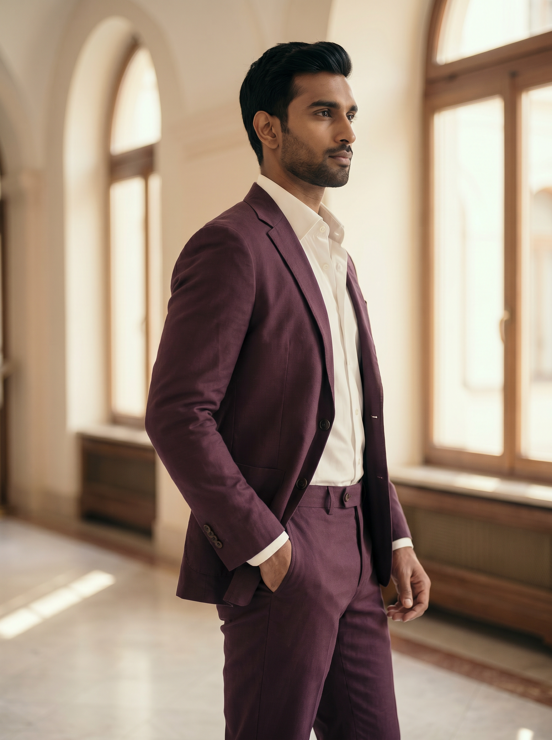 Deep Plum Cotton Groomsmen Suit — Custom Made to Measure - side view