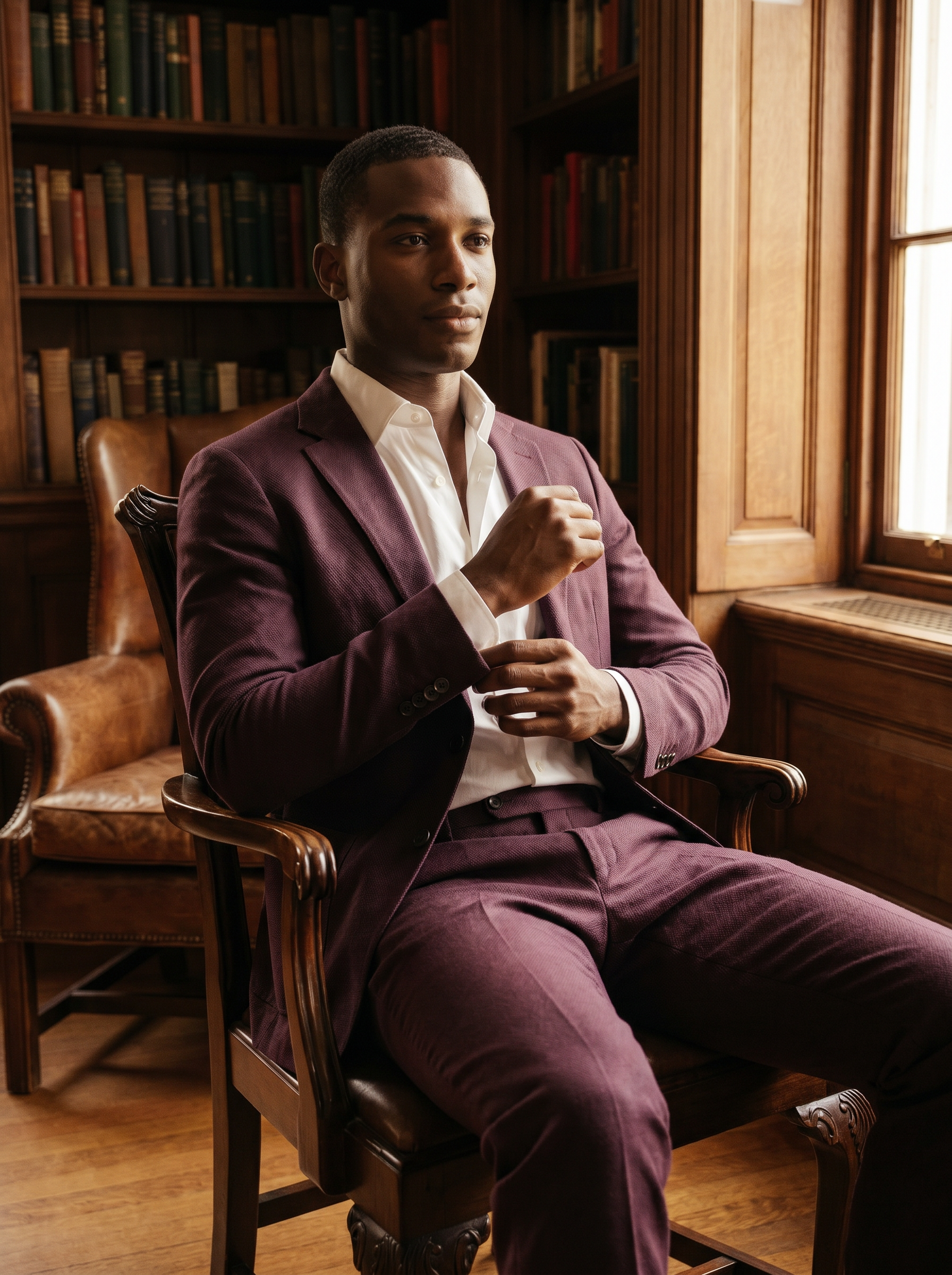 Deep Plum Cotton Suit — Custom Made to Measure - seated view