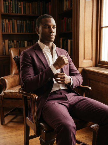 Deep Plum Cotton Suit — Custom Made to Measure - seated view
