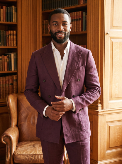 Deep Plum Linen Double Breasted Suit — Custom Made to Measure - front view