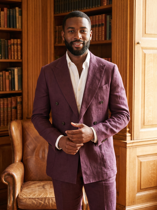 Deep Plum Linen Double Breasted Suit — Custom Made to Measure - front view