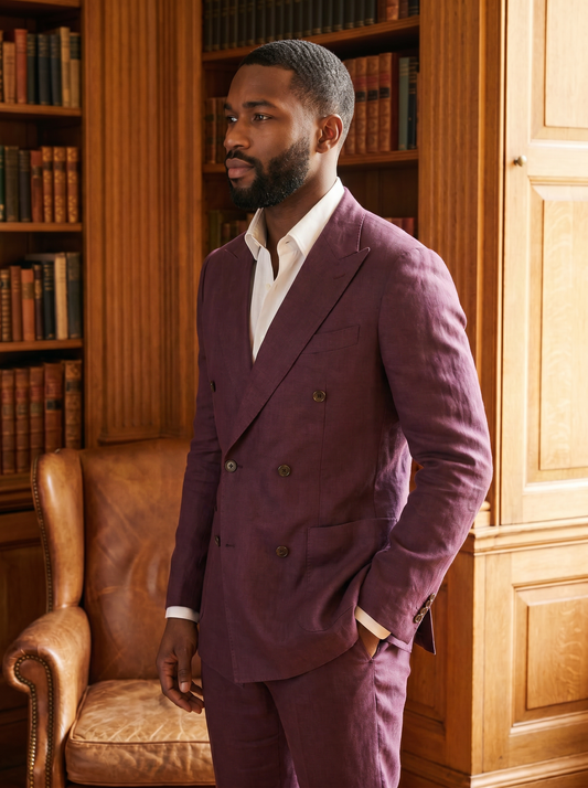 Deep Plum Linen Double Breasted Suit — Custom Made to Measure - side view