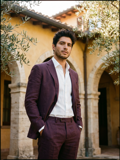 Deep Plum Linen Groomsmen Suit — Custom Made to Measure - front view