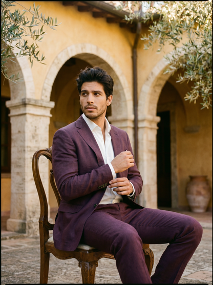 Deep Plum Linen Groomsmen Suit — Custom Made to Measure - seated view