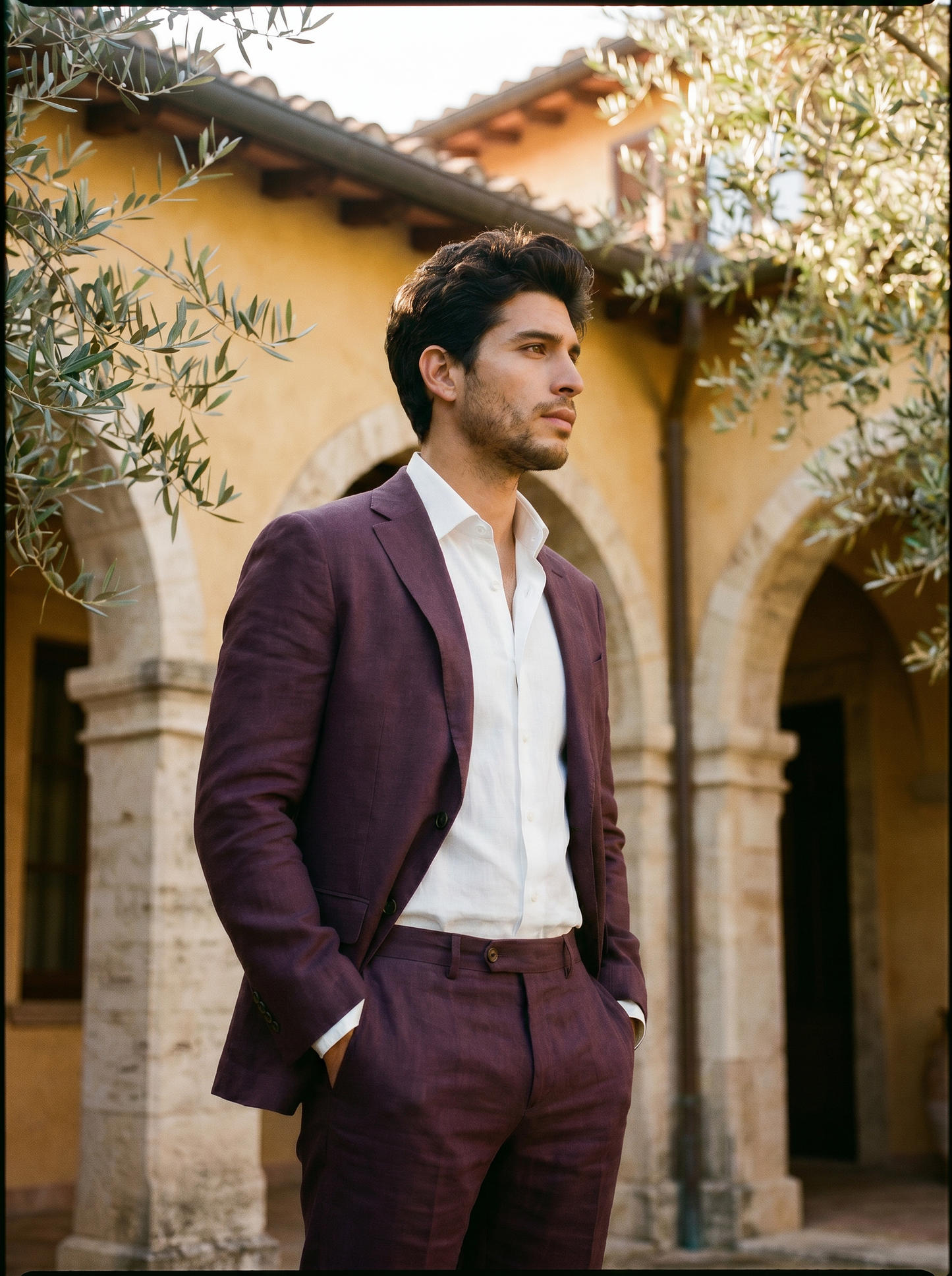 Deep Plum Linen Groomsmen Suit — Custom Made to Measure - side view