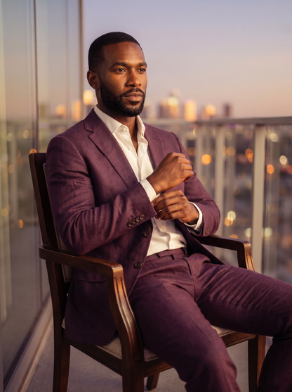 Deep Plum Linen Suit — Custom Made to Measure - seated view
