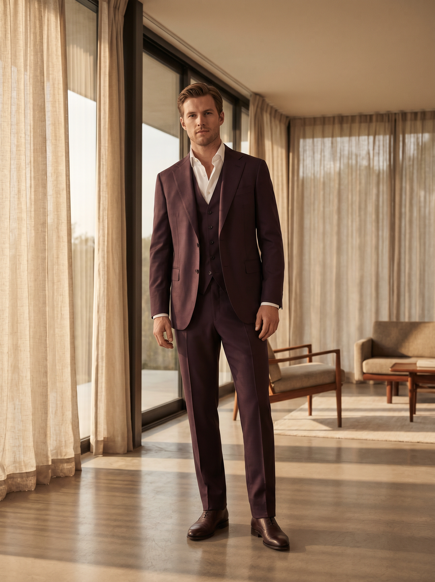 Deep Plum Silk Blend 3-Piece Suit — Custom Made to Measure - front view