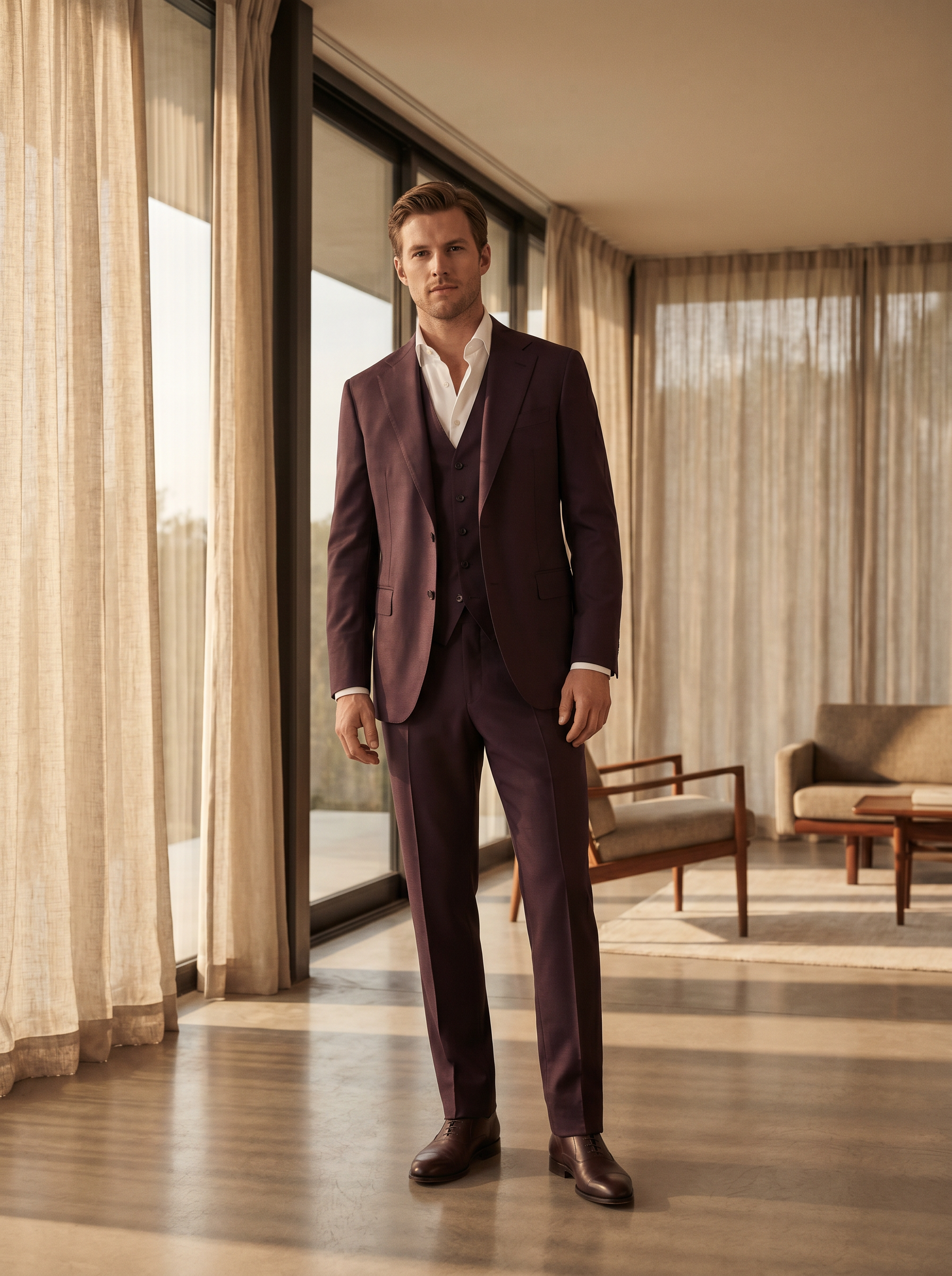 Deep Plum Silk Blend 3-Piece Suit — Custom Made to Measure - front view