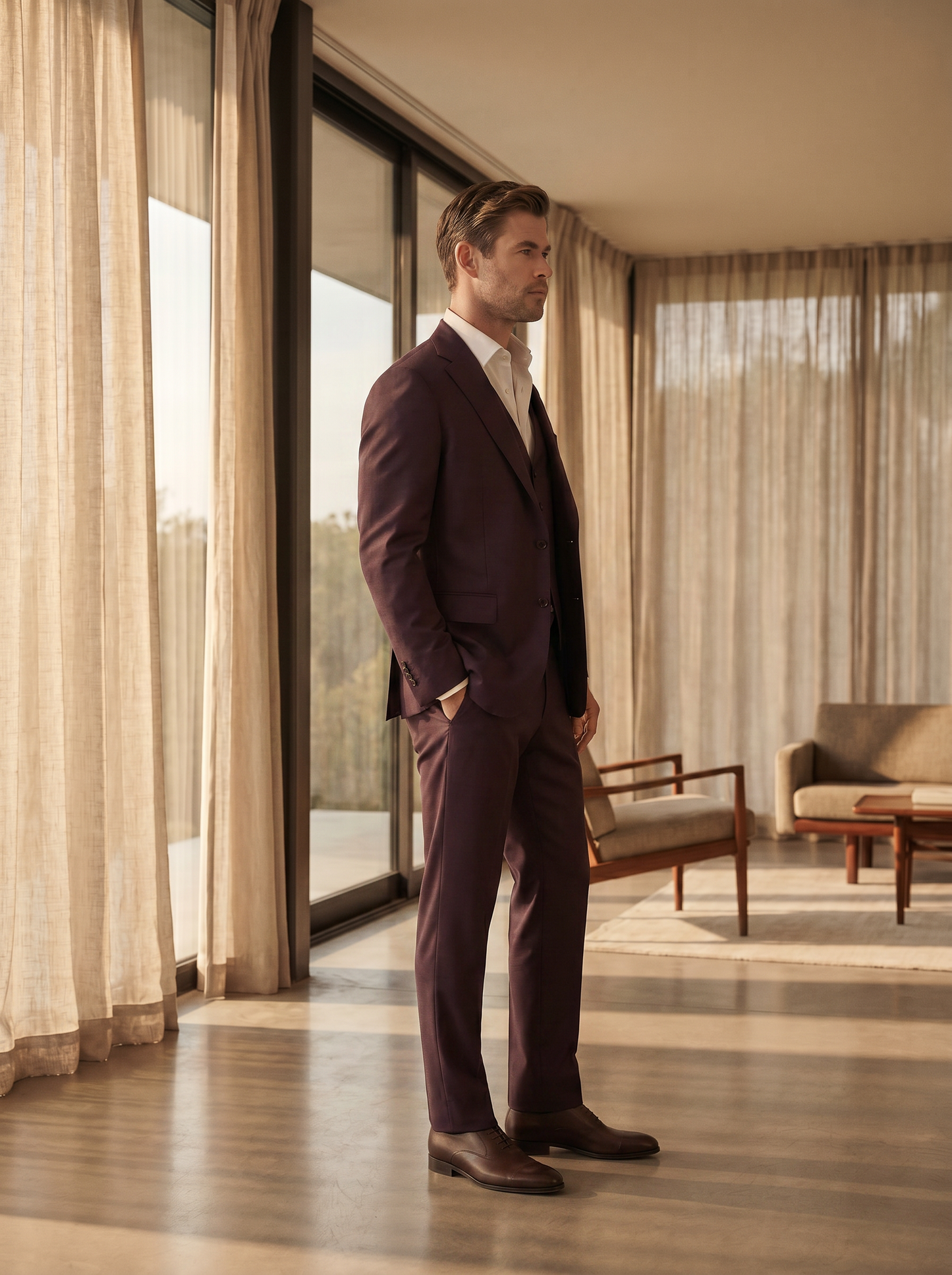 Deep Plum Silk Blend 3-Piece Suit — Custom Made to Measure - side view