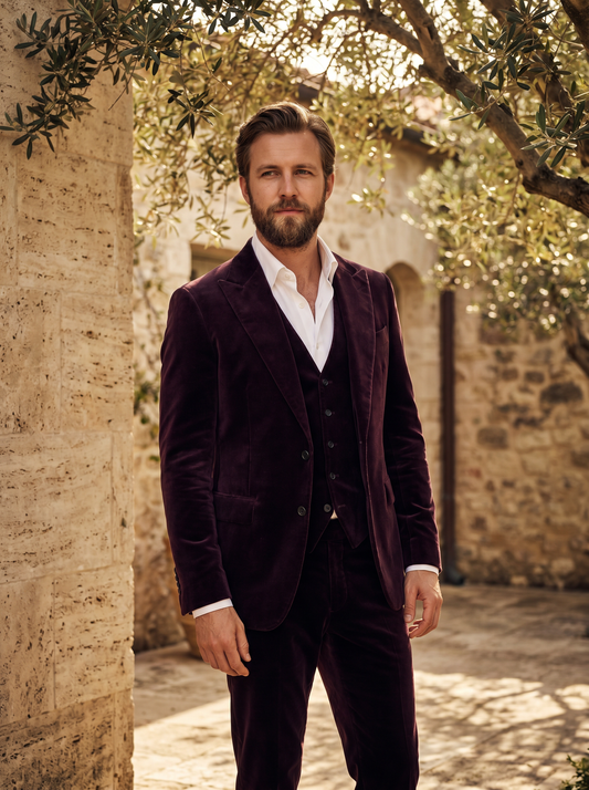 Deep Plum Velvet 3-Piece Suit — Custom Made to Measure - front view