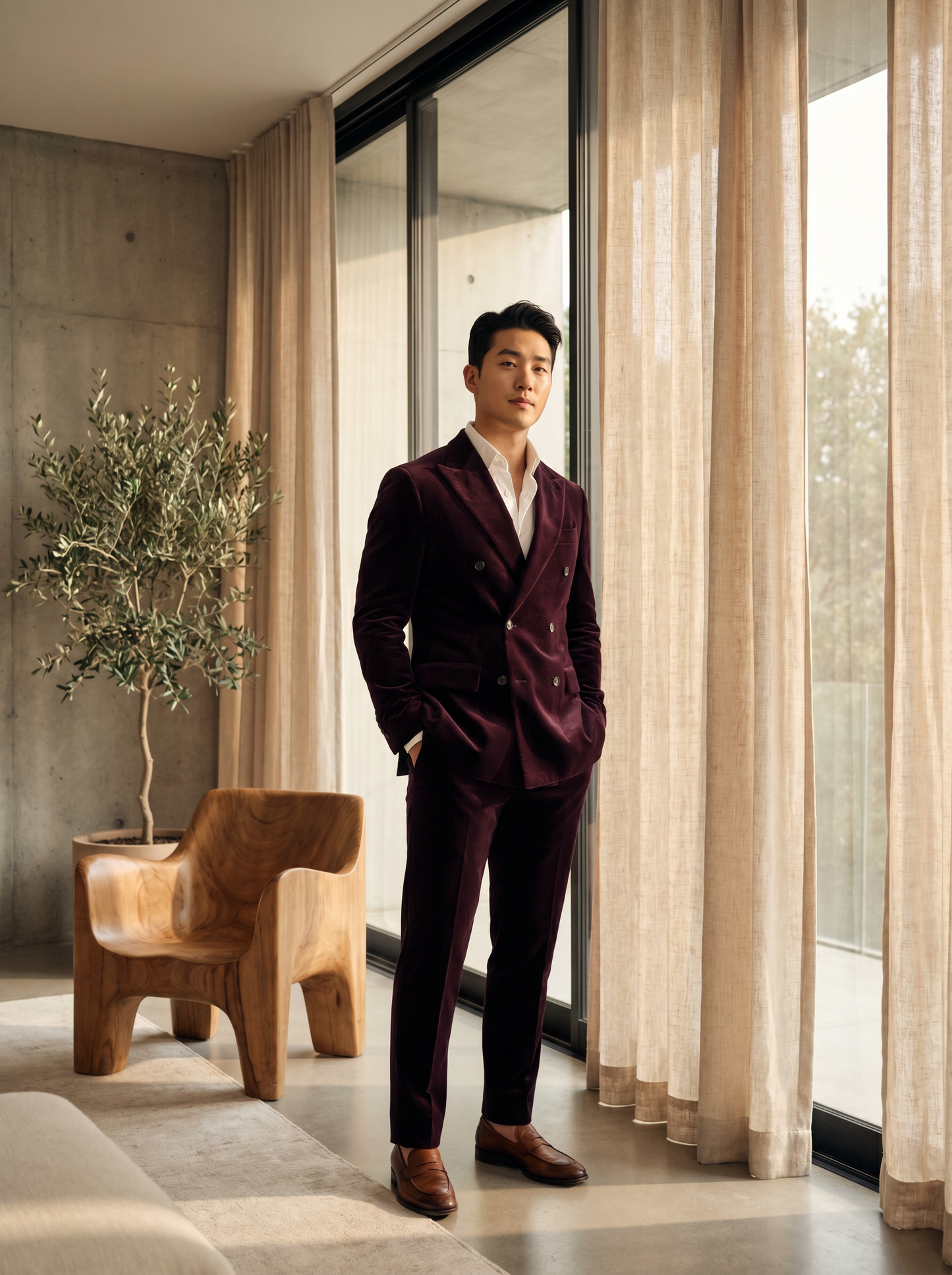 Deep Plum Velvet Double Breasted Suit — Custom Made to Measure - front view
