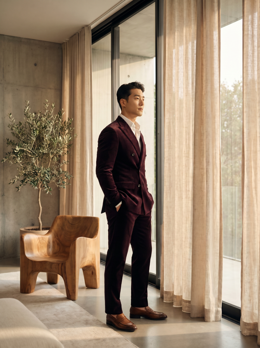 Deep Plum Velvet Double Breasted Suit — Custom Made to Measure - side view