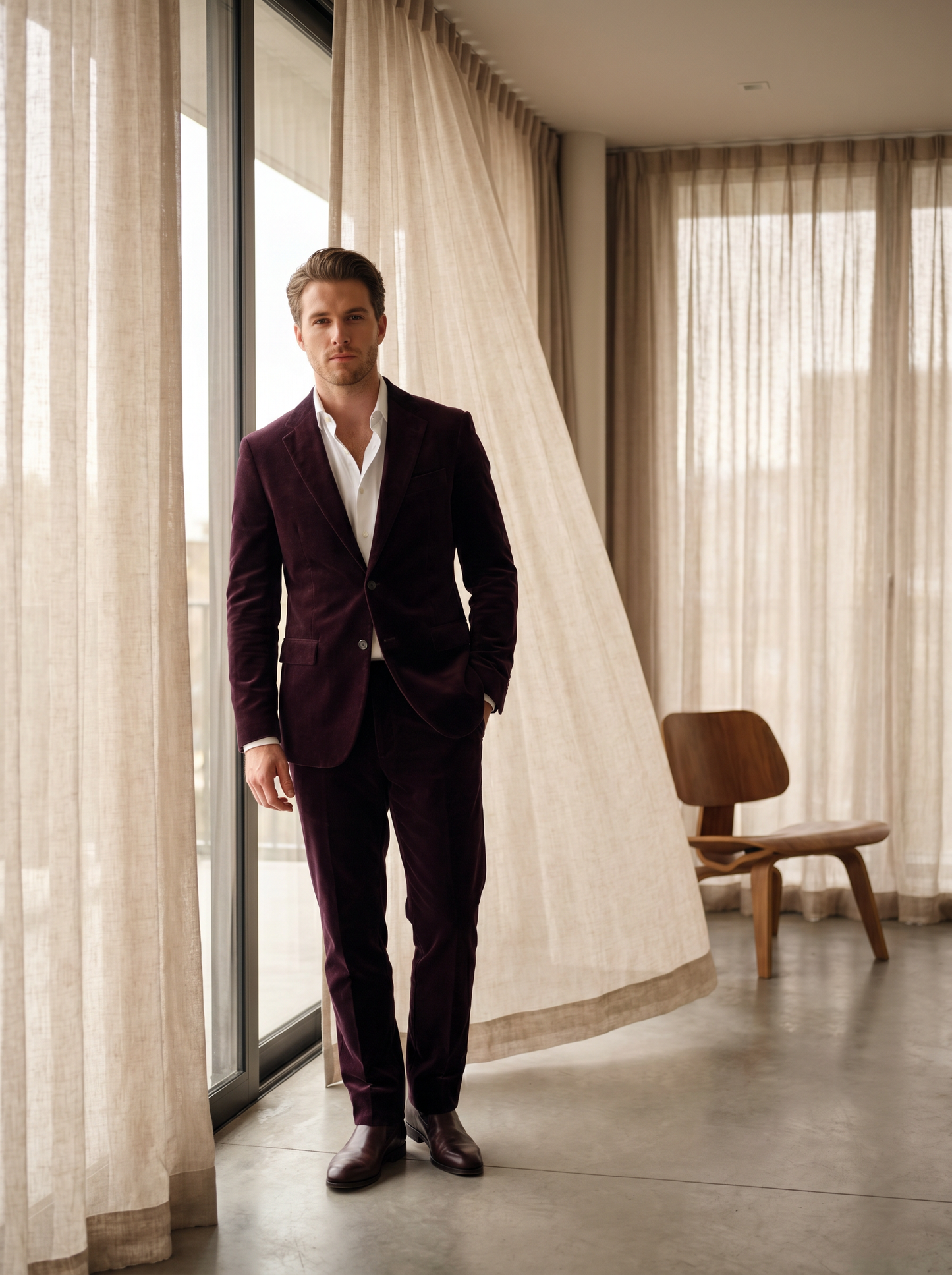 Deep Plum Velvet Groomsmen Suit — Custom Made to Measure - front view