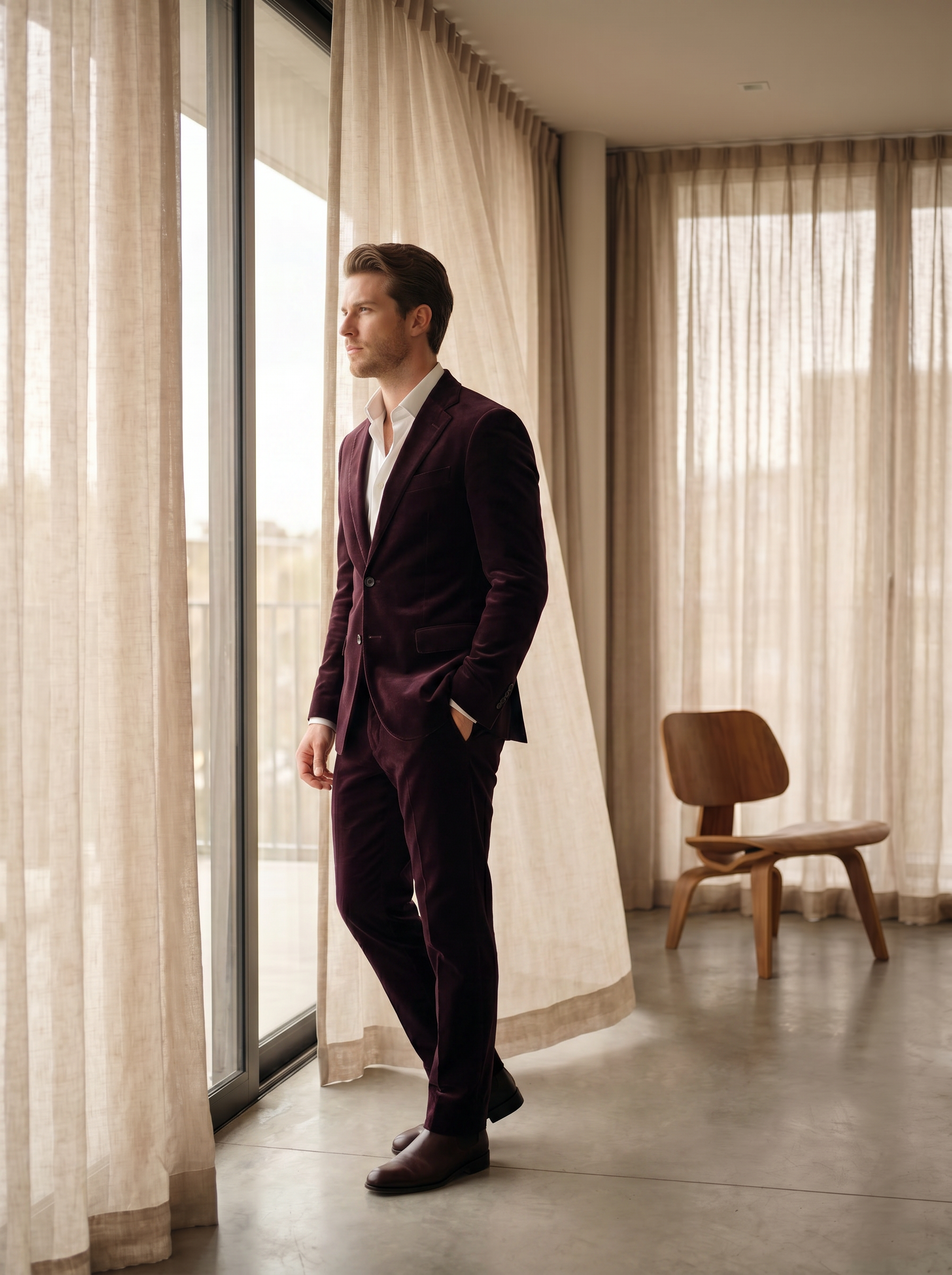 Deep Plum Velvet Groomsmen Suit — Custom Made to Measure - side view
