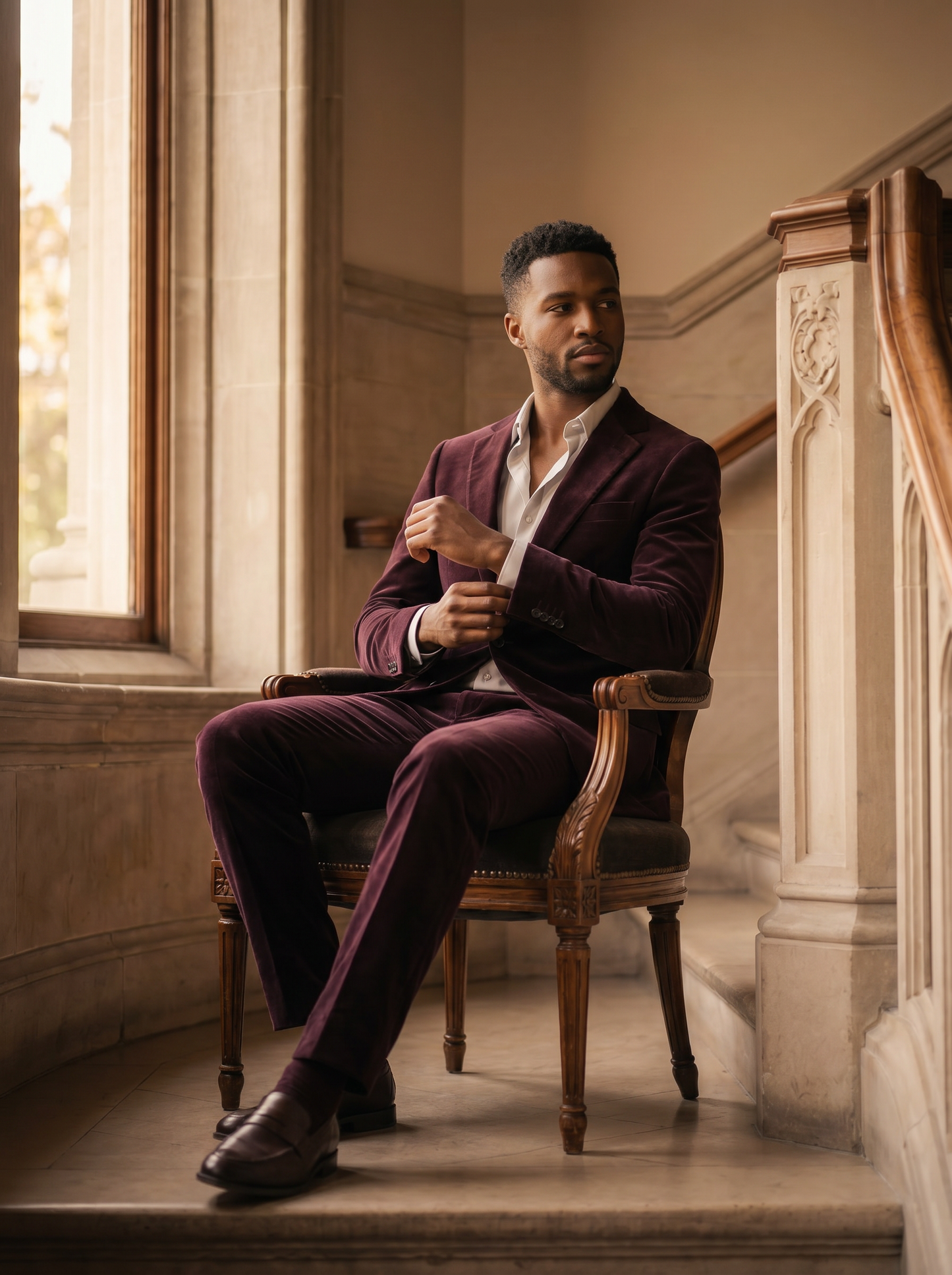 Deep Plum Velvet Suit — Custom Made to Measure - seated view