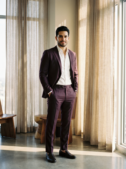 Deep Plum Wool Black Tie Suit — Custom Made to Measure - front view