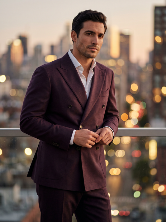 Deep Plum Wool Double Breasted Suit — Custom Made to Measure - front view