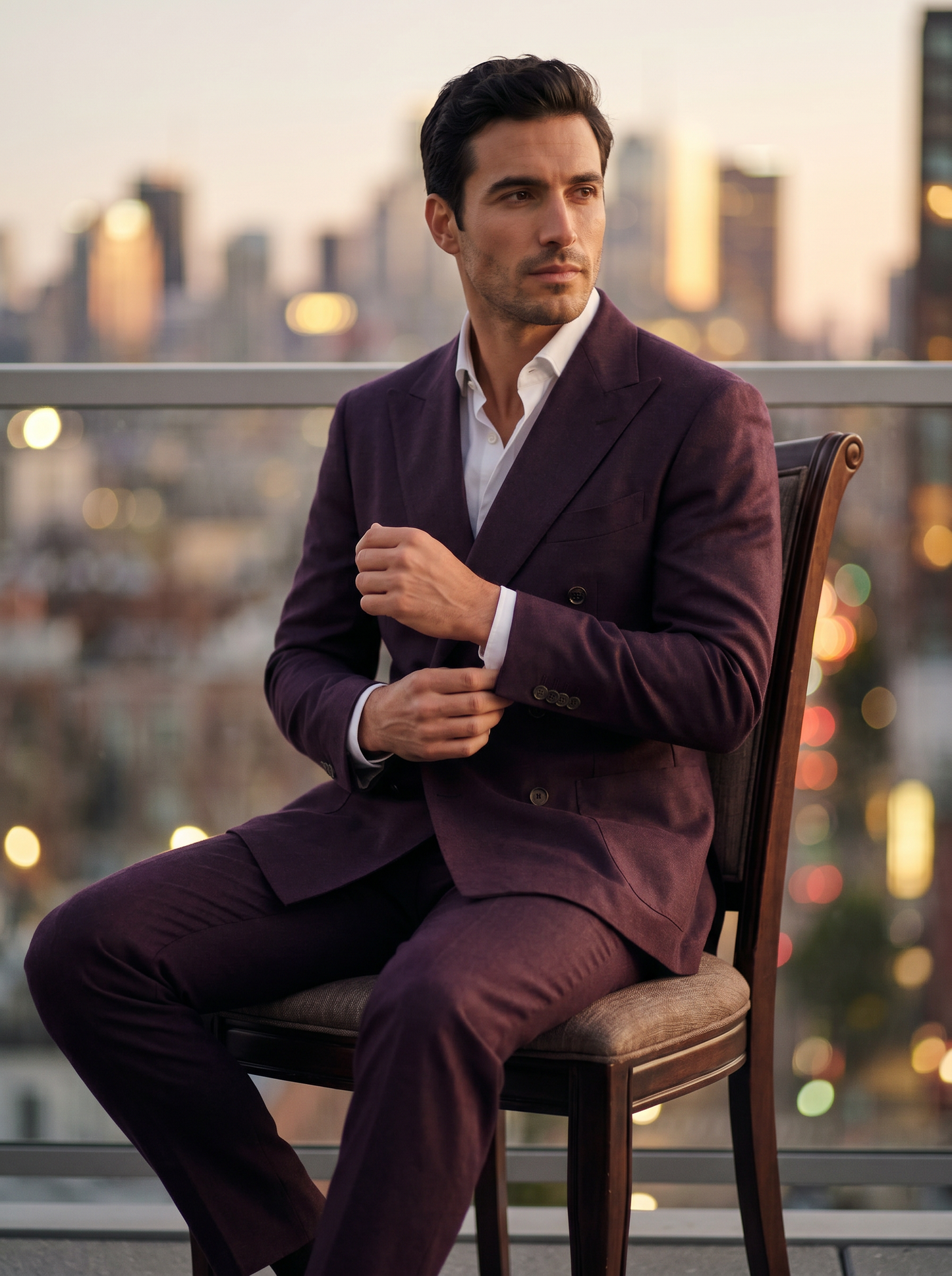 Deep Plum Wool Double Breasted Suit — Custom Made to Measure - seated view