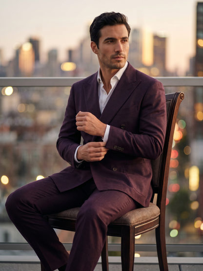Deep Plum Wool Double Breasted Suit — Custom Made to Measure - seated view