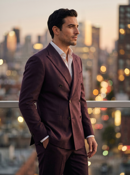 Deep Plum Wool Double Breasted Suit — Custom Made to Measure - side view