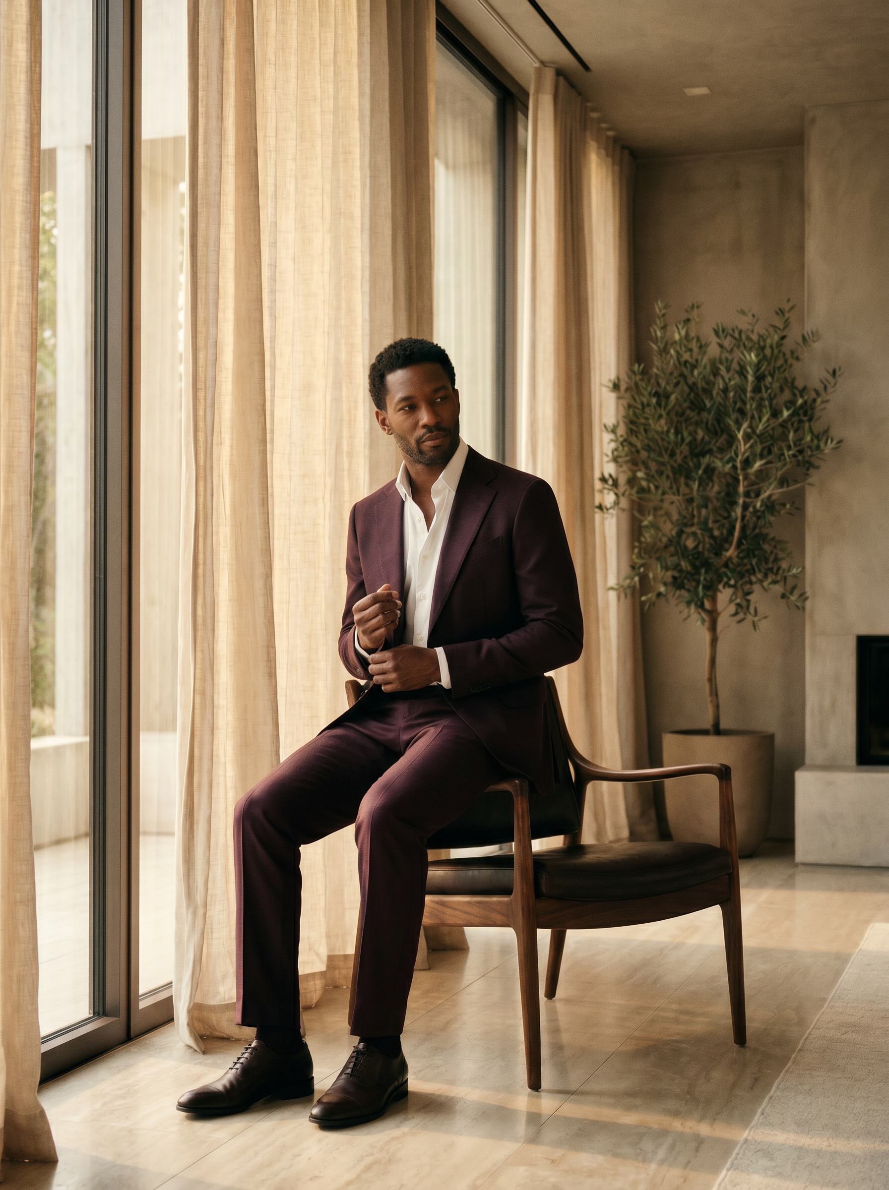 Deep Plum Wool Suit — Custom Made to Measure - seated view