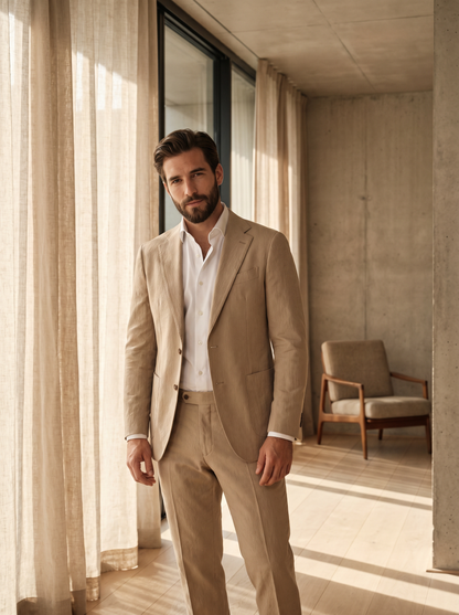 Desert Sand Cotton Groomsmen Suit — Custom Made to Measure - front view
