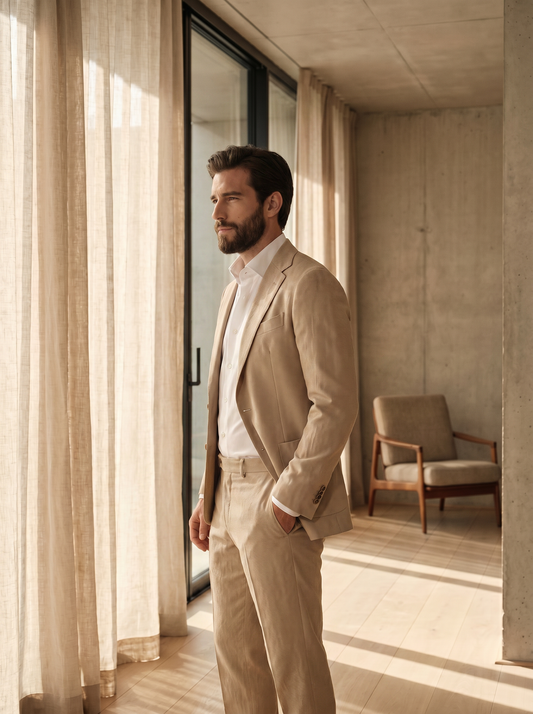 Desert Sand Cotton Groomsmen Suit — Custom Made to Measure - side view