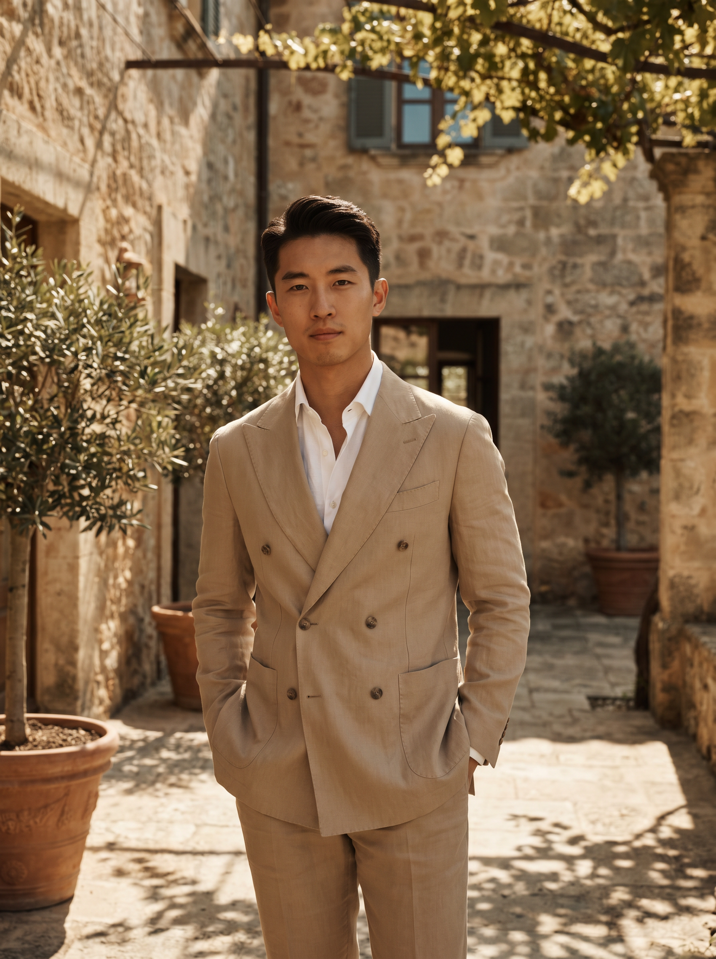 Desert Sand Linen Double Breasted Suit — Custom Made to Measure - front view