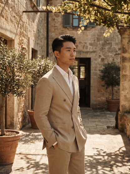 Desert Sand Linen Double Breasted Suit — Custom Made to Measure - side view