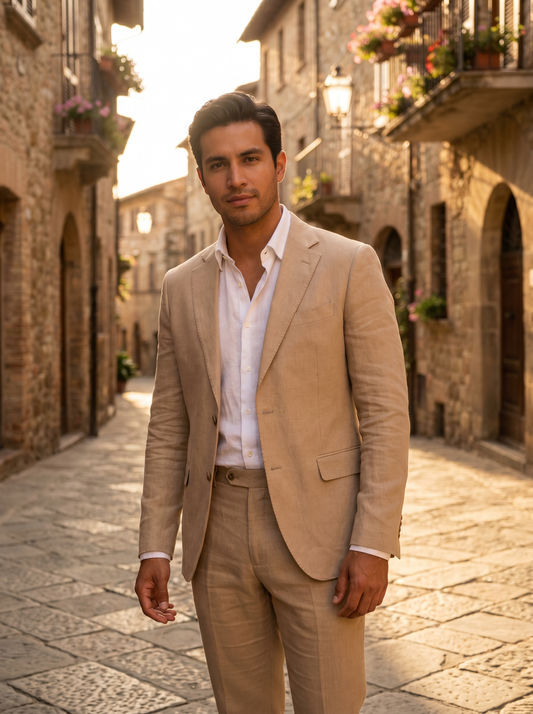 Desert Sand Linen Groomsmen Suit — Custom Made to Measure - front view
