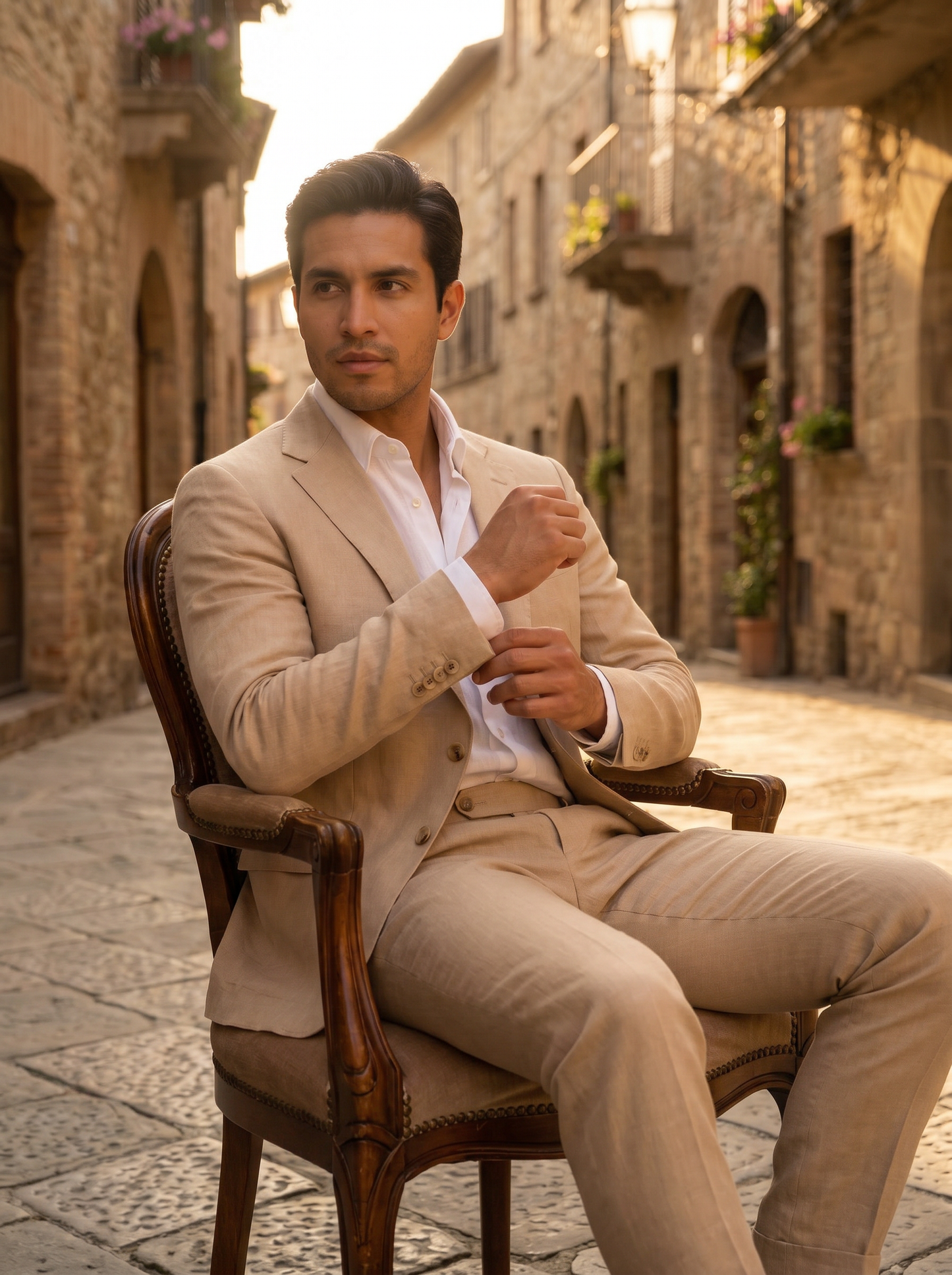 Desert Sand Linen Groomsmen Suit — Custom Made to Measure - seated view