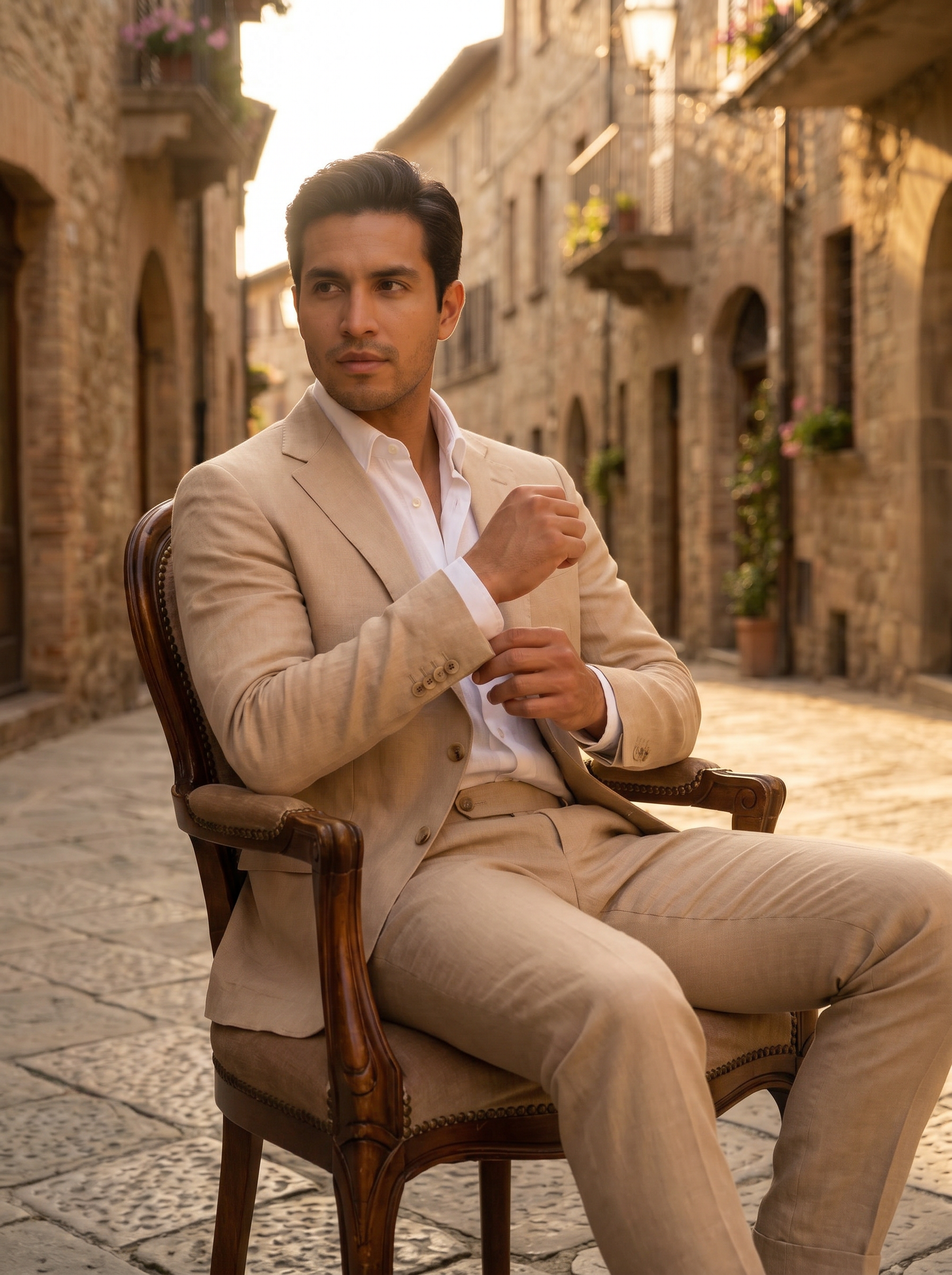 Desert Sand Linen Groomsmen Suit — Custom Made to Measure - seated view