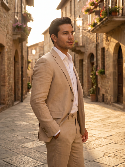Desert Sand Linen Groomsmen Suit — Custom Made to Measure - side view
