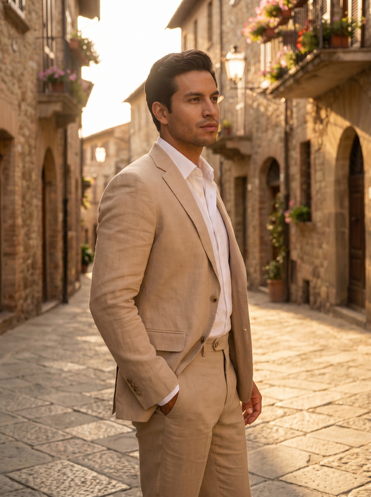 Desert Sand Linen Groomsmen Suit — Custom Made to Measure - side view