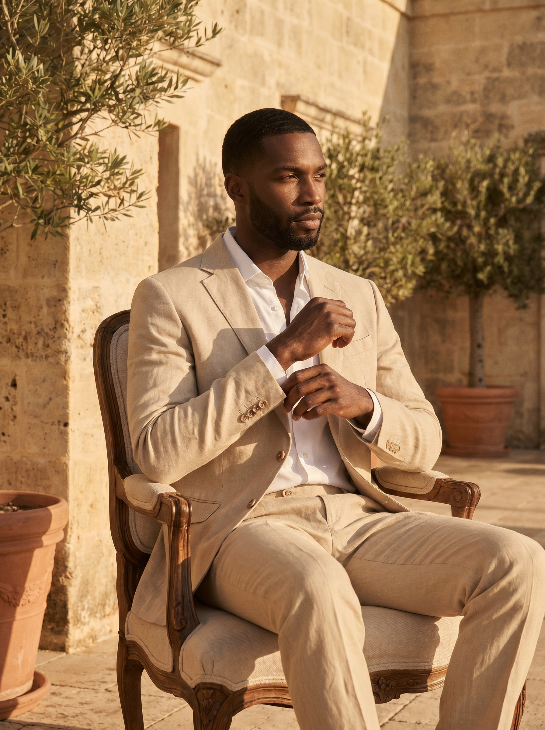 Desert Sand Linen Suit — Custom Made to Measure - seated view