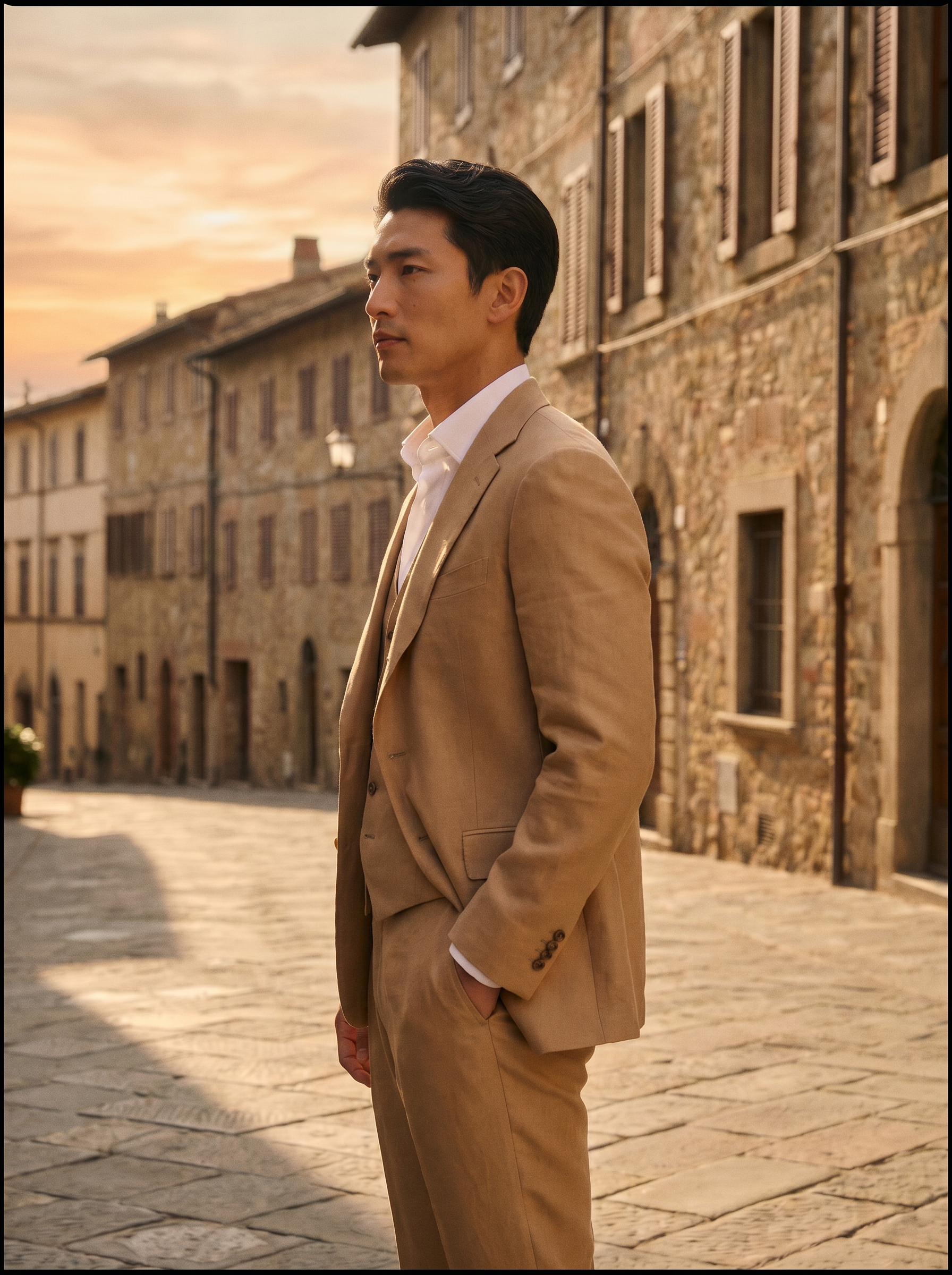 Desert Sand Silk Blend 3-Piece Suit — Custom Made to Measure - side view