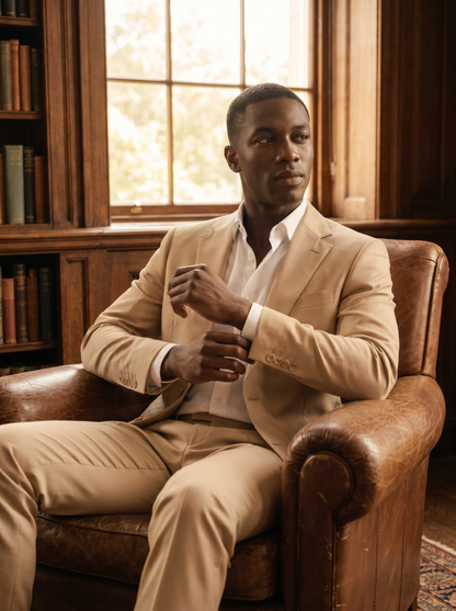 Desert Sand Silk Blend Suit — Custom Made to Measure - seated view
