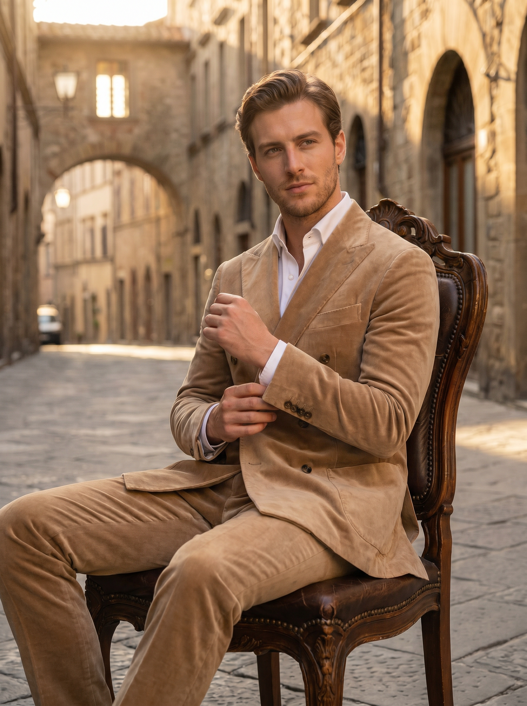 Desert Sand Velvet Double Breasted Suit — Custom Made to Measure - seated view