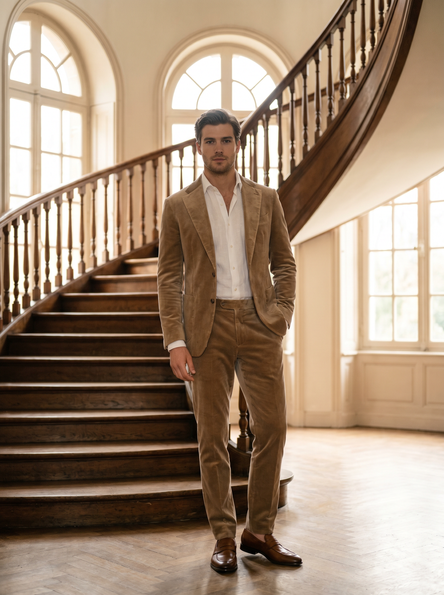 Desert Sand Velvet Groomsmen Suit — Custom Made to Measure - front view