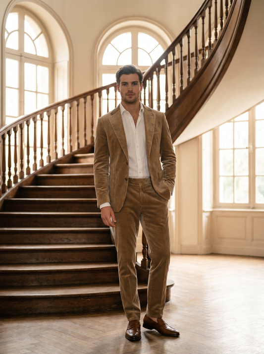 Desert Sand Velvet Groomsmen Suit — Custom Made to Measure - front view