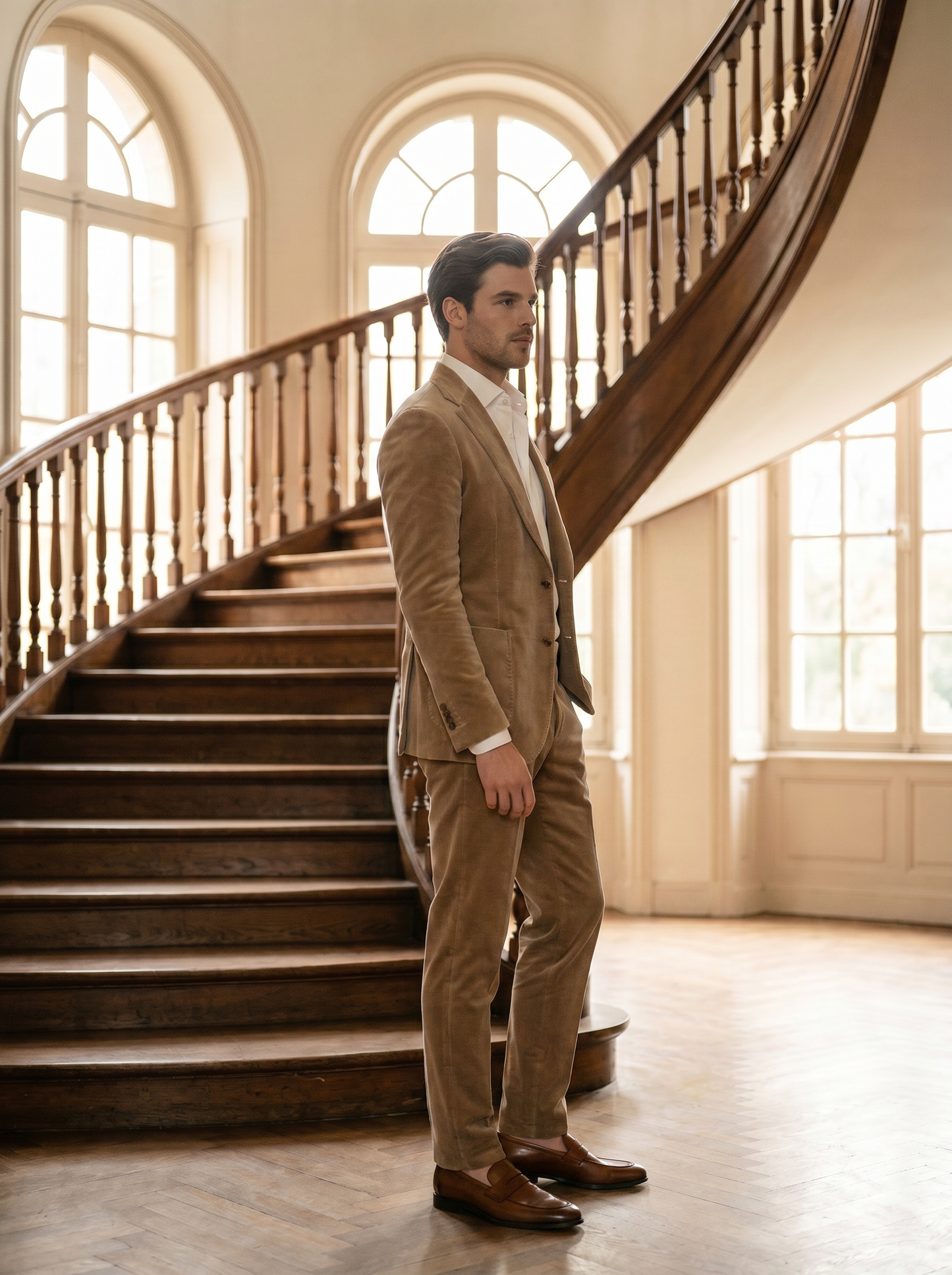 Desert Sand Velvet Groomsmen Suit — Custom Made to Measure - side view